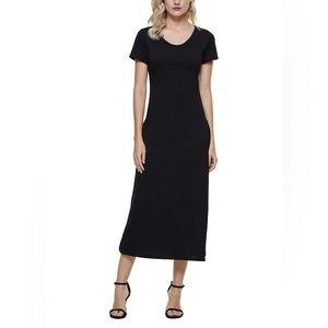 Black Short Sleeve Cotton Midi Dress w Pockets